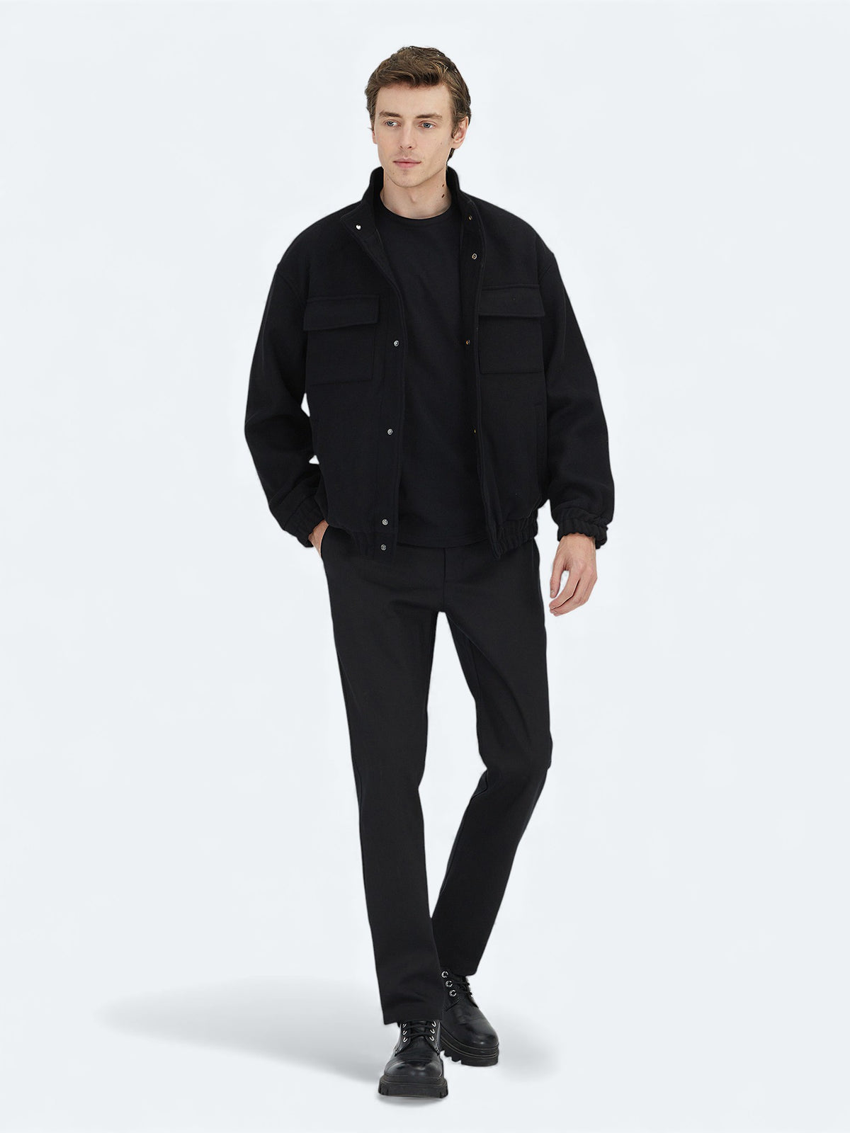 Siyah Comfort Fit Dik Yaka Casual Dokuma Mont