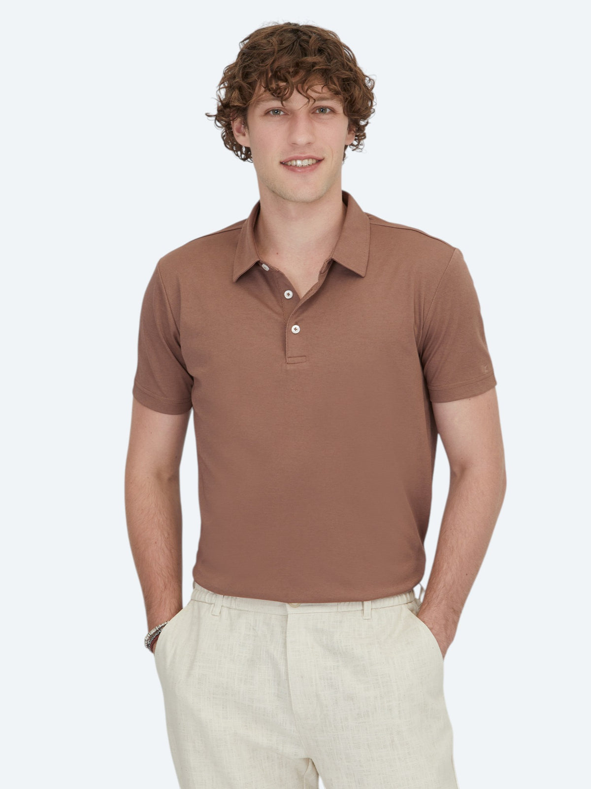 Kahverengi Polo Yaka Pamuk Karışımlı T-Shirt