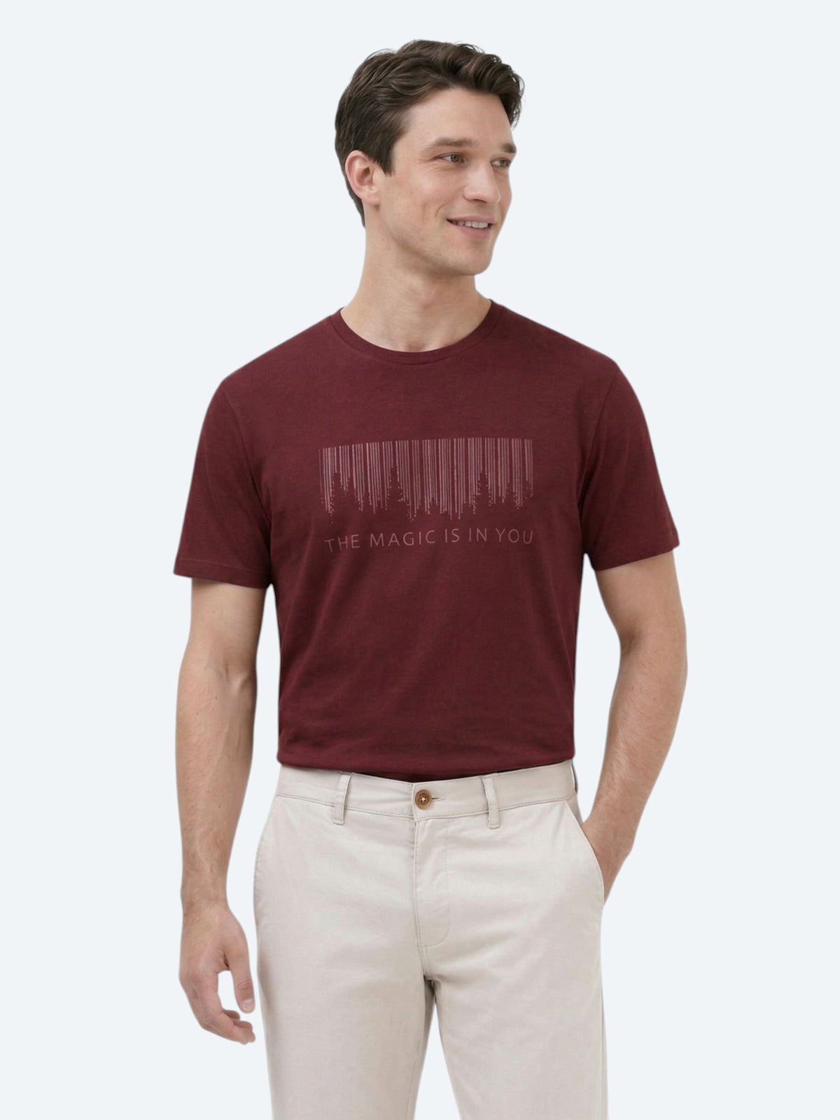 Bordo Baskılı Bisiklet Yaka %100 Pamuk T-Shirt