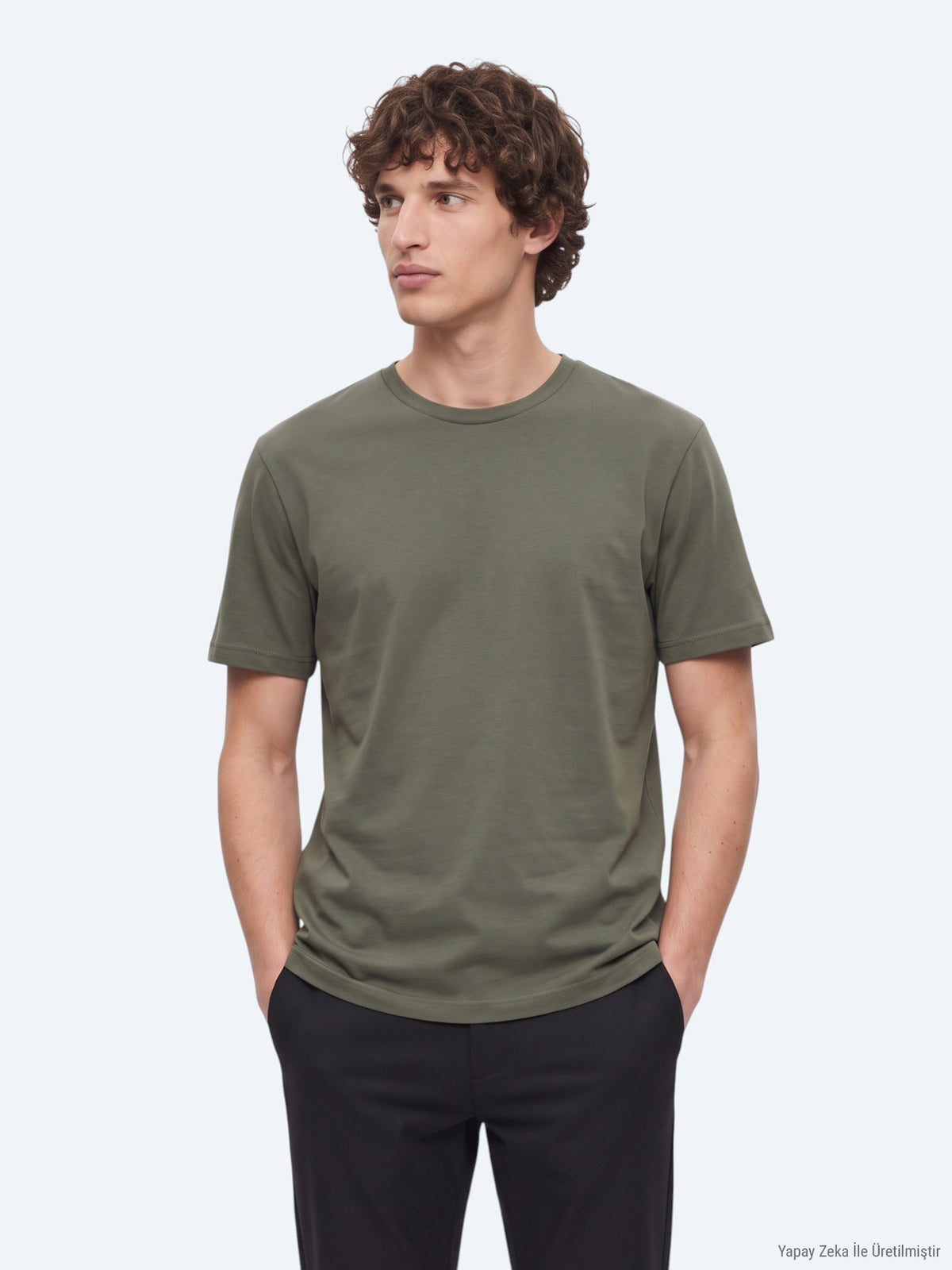 Haki Düz Bisiklet Yaka %100 Pamuk T-Shirt
