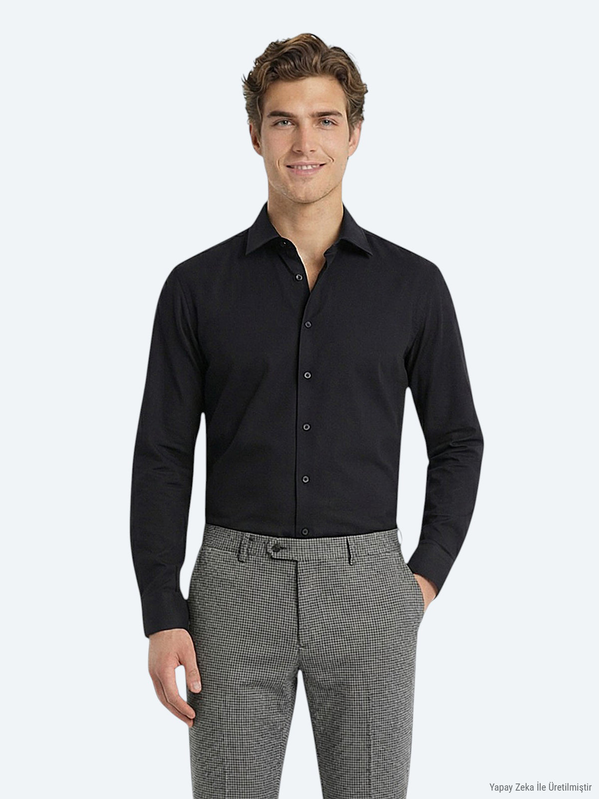 Siyah Düz Slim Fit Uzun Dokuma Klasik Pamuk Karışımlı Gömlek