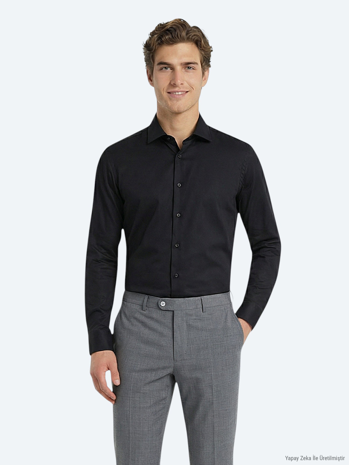 Siyah Düz Slim Fit Uzun Dokuma Klasik %100 Pamuk Gömlek