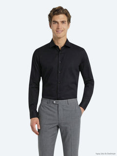 Siyah Düz Slim Fit Uzun Dokuma Klasik %100 Pamuk Gömlek