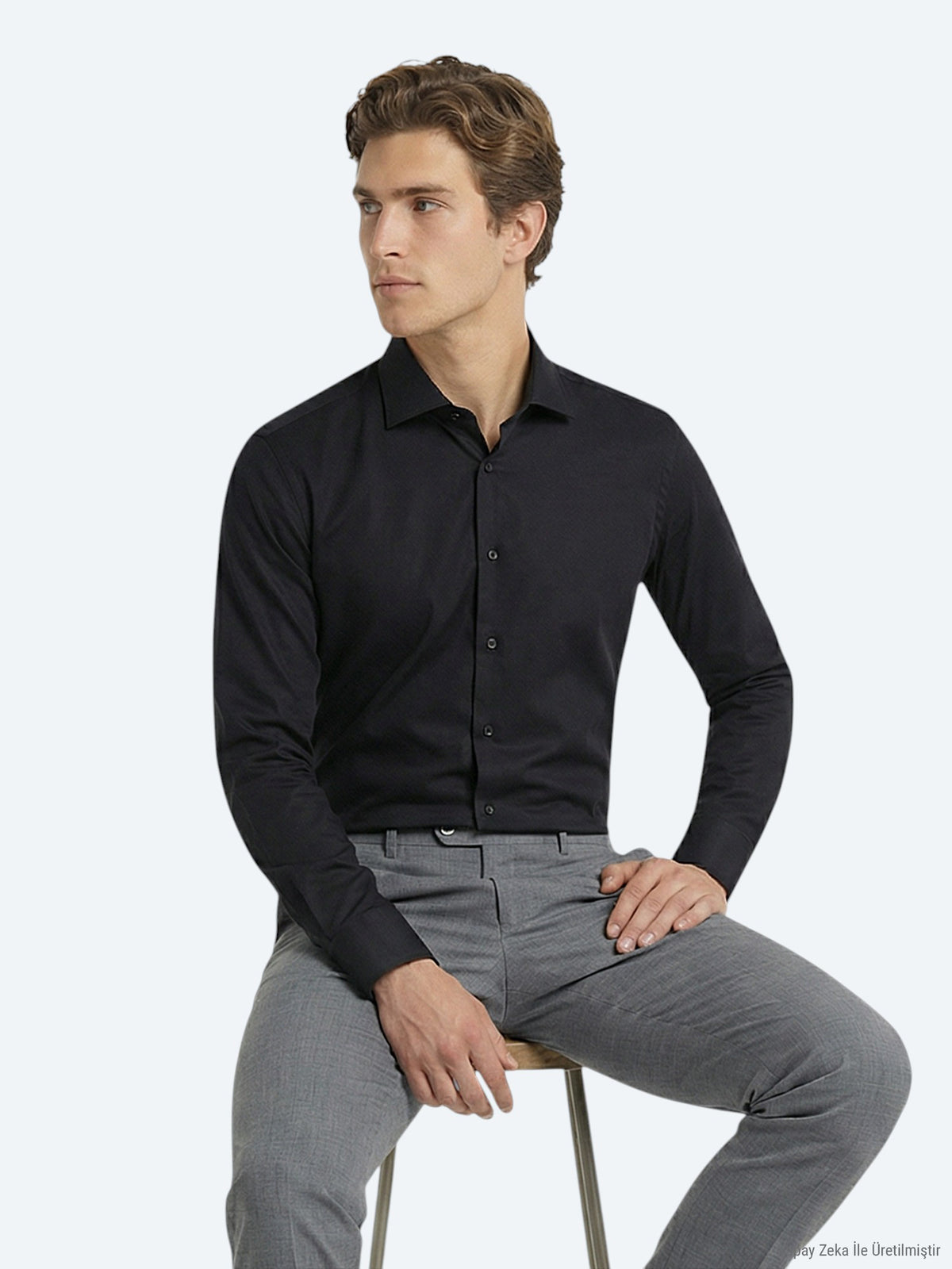 Siyah Düz Slim Fit Uzun Dokuma Klasik %100 Pamuk Gömlek