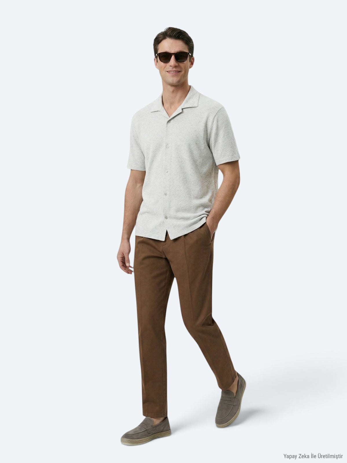 Bej Desenli Regular Fit Kısa Casual Keten Karışımlı Gömlek