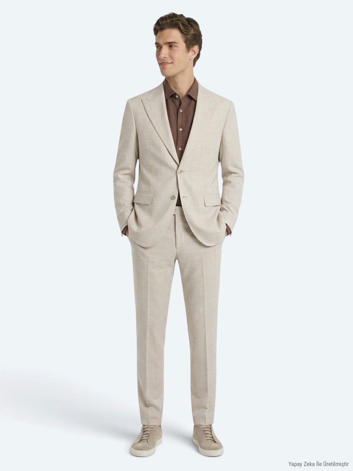 Beige Patterned Modern Fit Wool Blended Suit