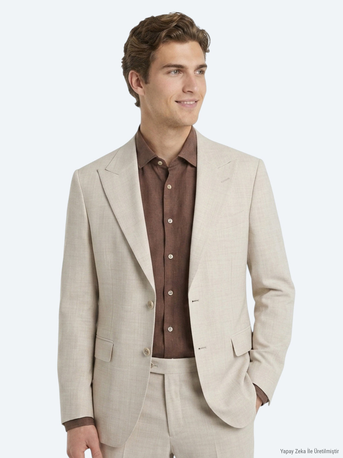Bej Desenli Modern Fit Yün Karışımlı Takım Elbise