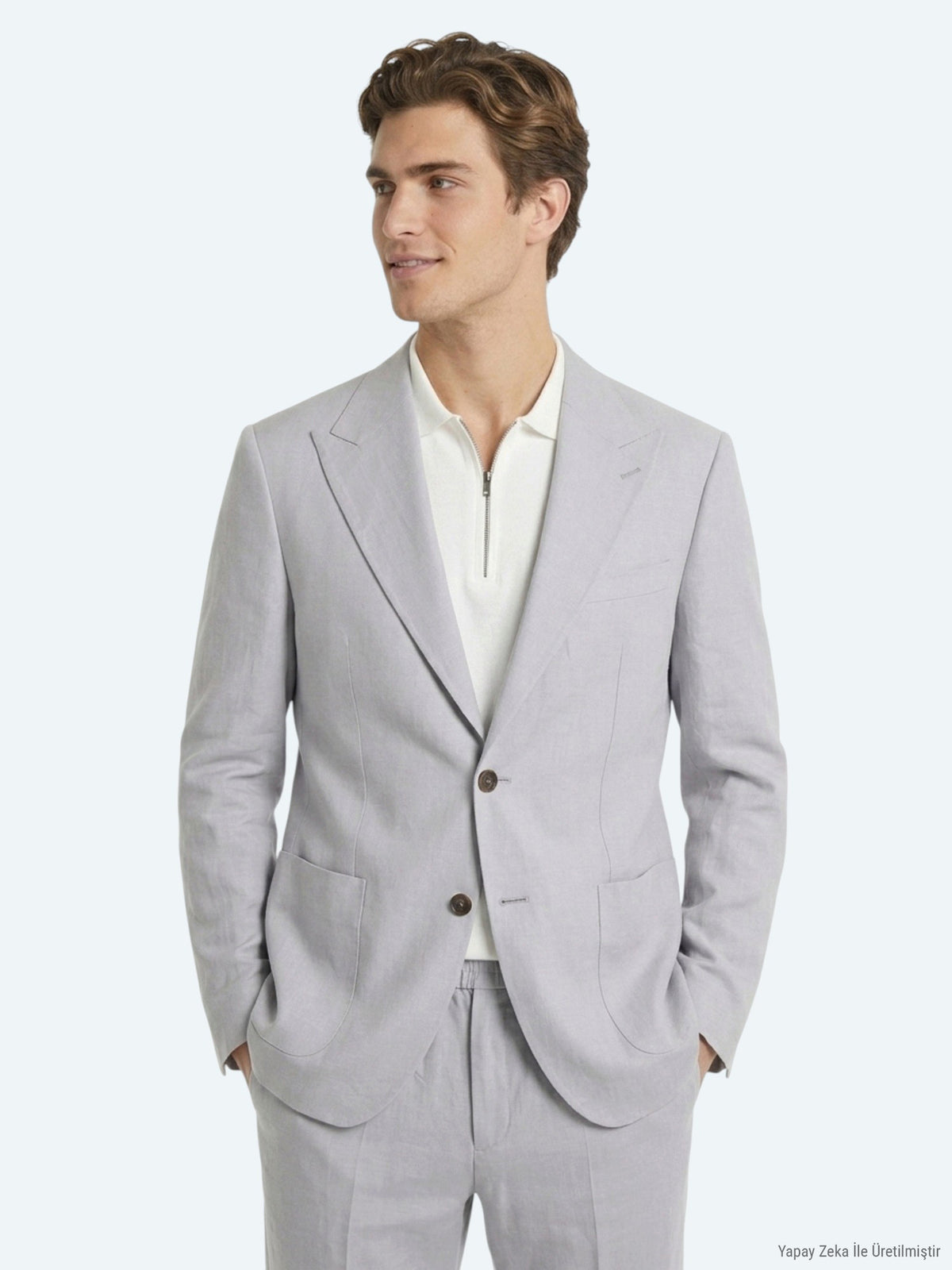 Gri Düz Modern Fit Keten Karışımlı Takım Elbise