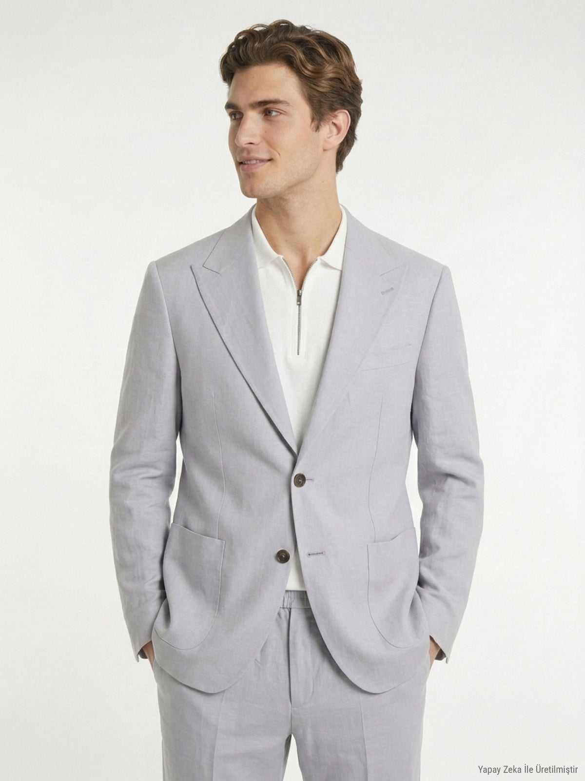 Gri Düz Modern Fit Keten Karışımlı Takım Elbise