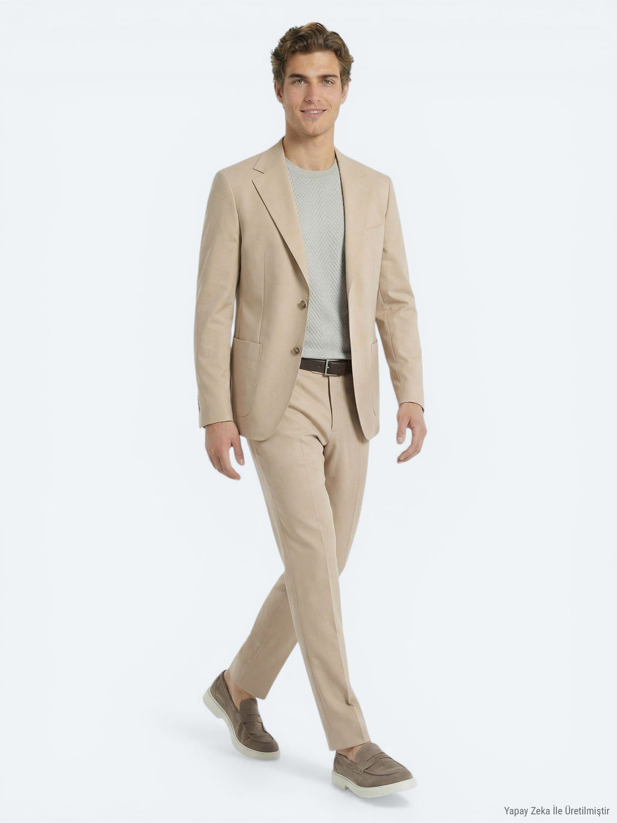 Bej Düz Modern Fit Takım Elbise