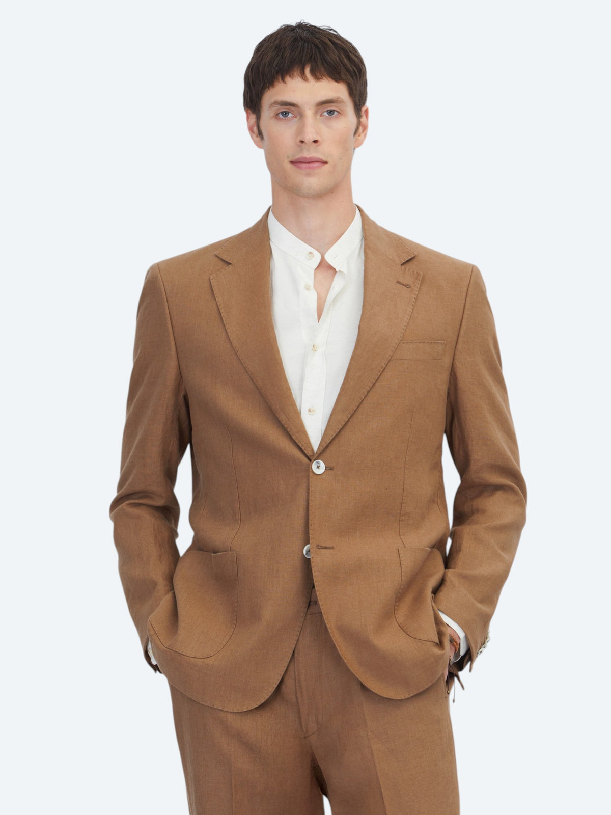 Kahverengi Düz Modern Fit %100 Keten Takım Elbise