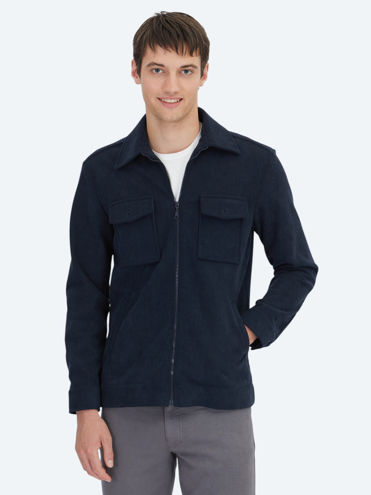 Lacivert Çizgili Relaxed Fit Uzun Dokuma Kadife Overshirt