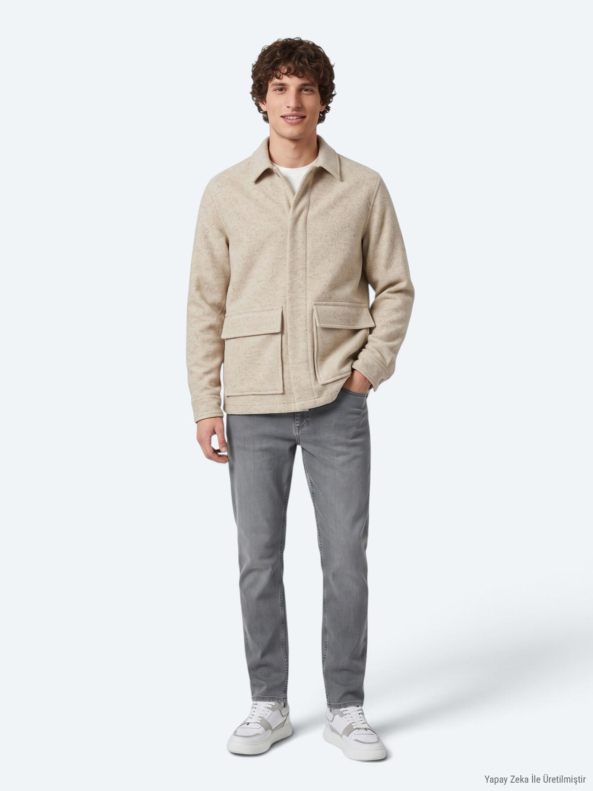 Bej Oversize Fit Uzun Dokuma Yün Karışımlı Overshirt
