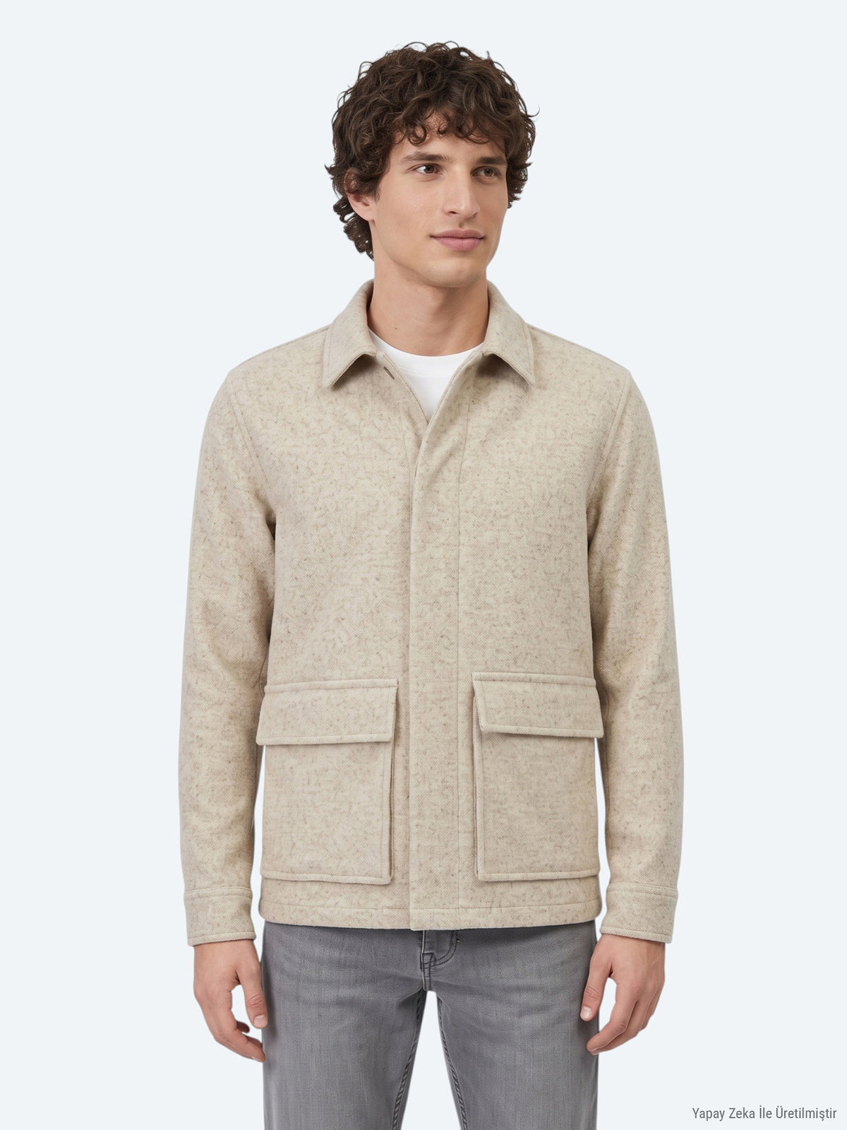 Bej Oversize Fit Uzun Dokuma Yün Karışımlı Overshirt