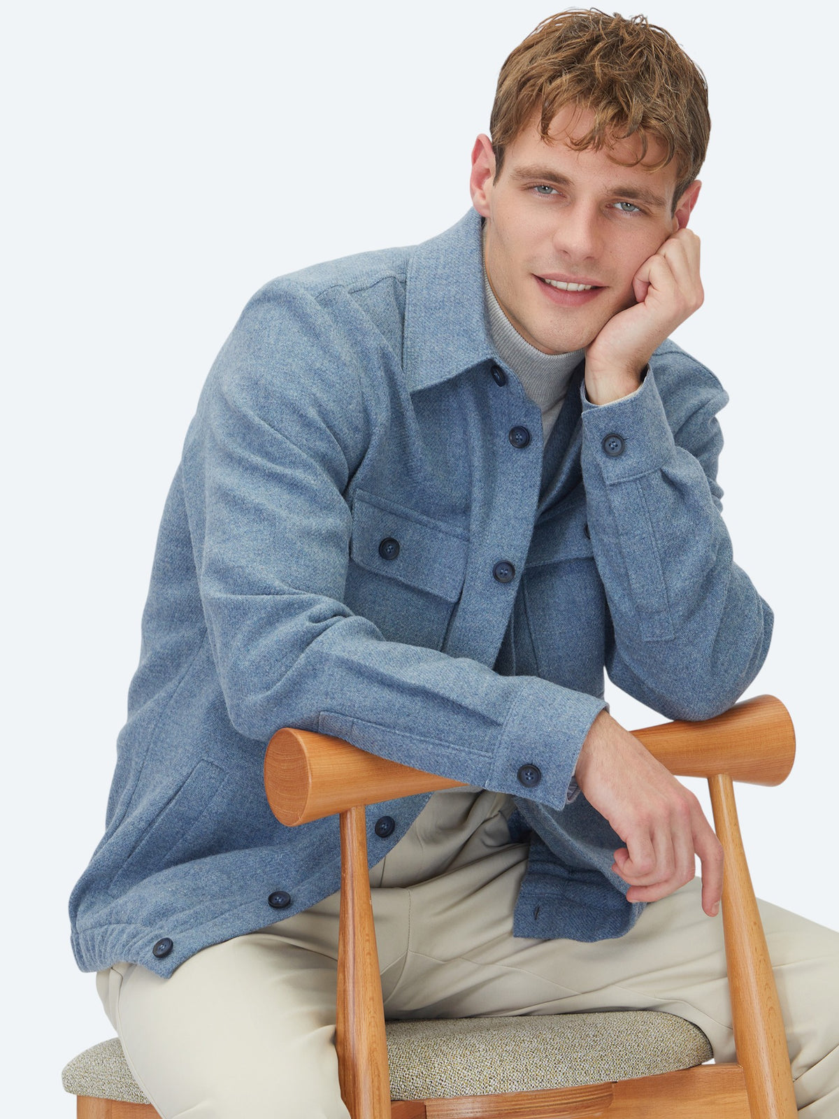 Mavi Düz Regular Fit Uzun Dokuma Yün Karışımlı Overshirt