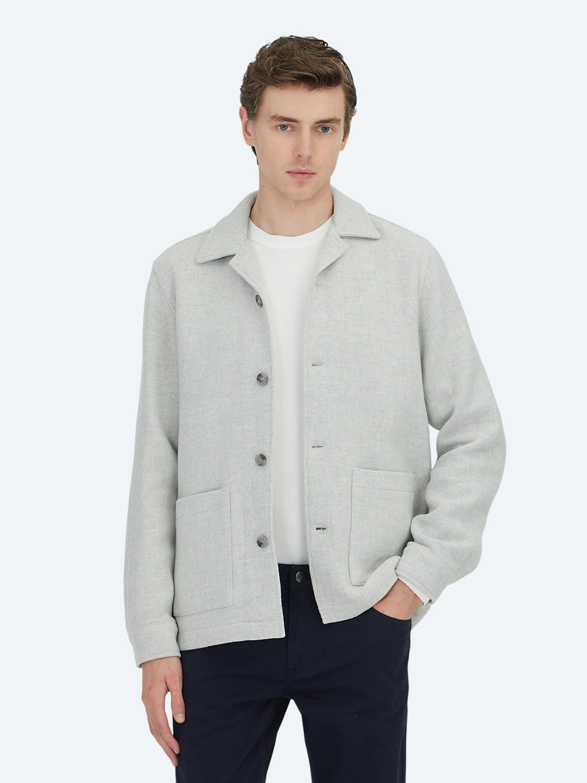 Gri Regular Fit Uzun Dokuma Yün Karışımlı Overshirt