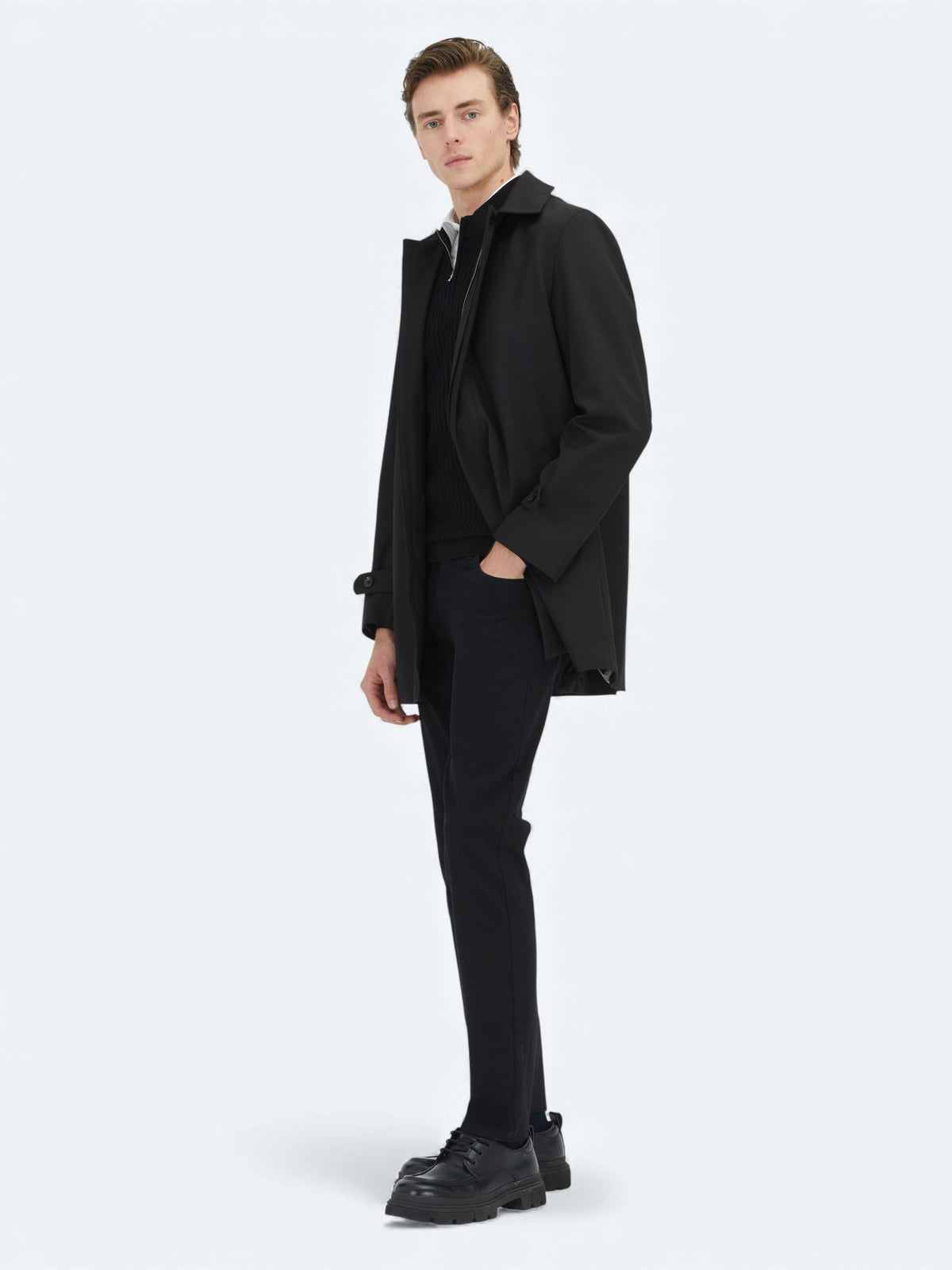 Siyah Regular Fit Bebe Yaka Casual Dokuma Pardösü