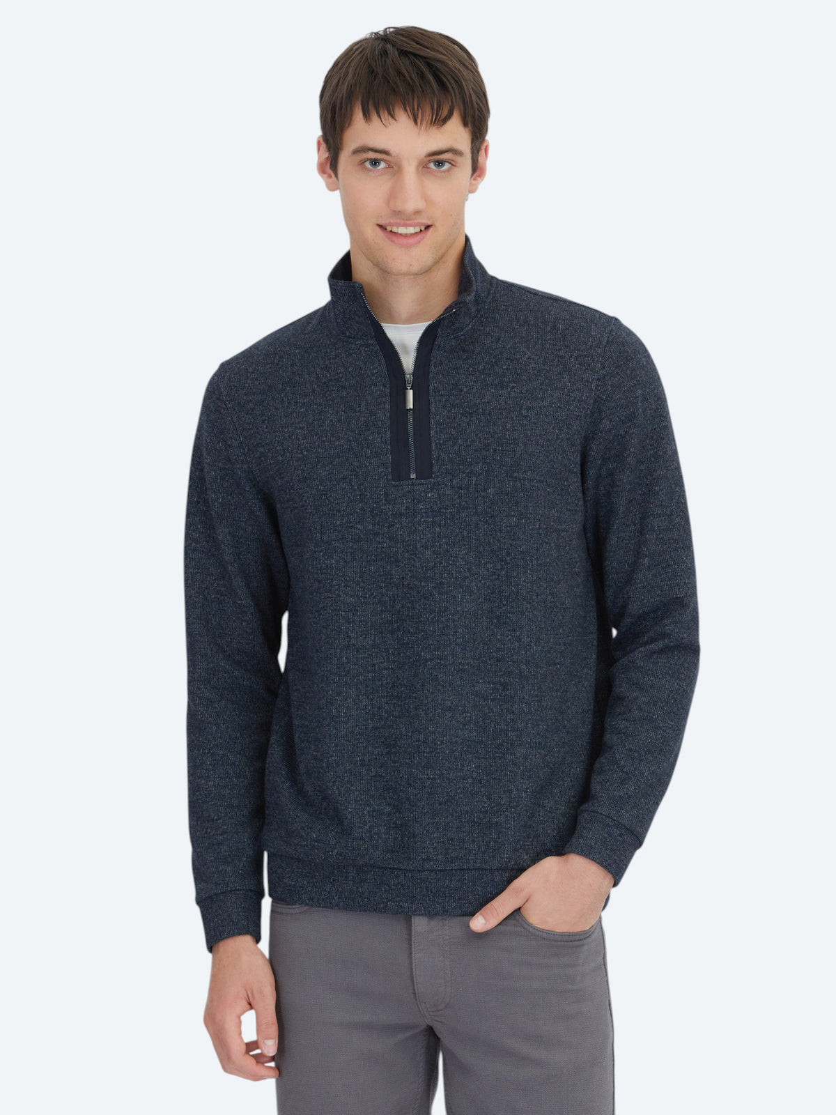 Lacivert Dik Yaka Çizgili Sweatshirt