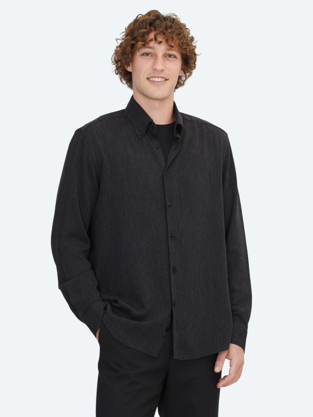 Siyah Regular Fit Uzun Dokuma Casual Gömlek