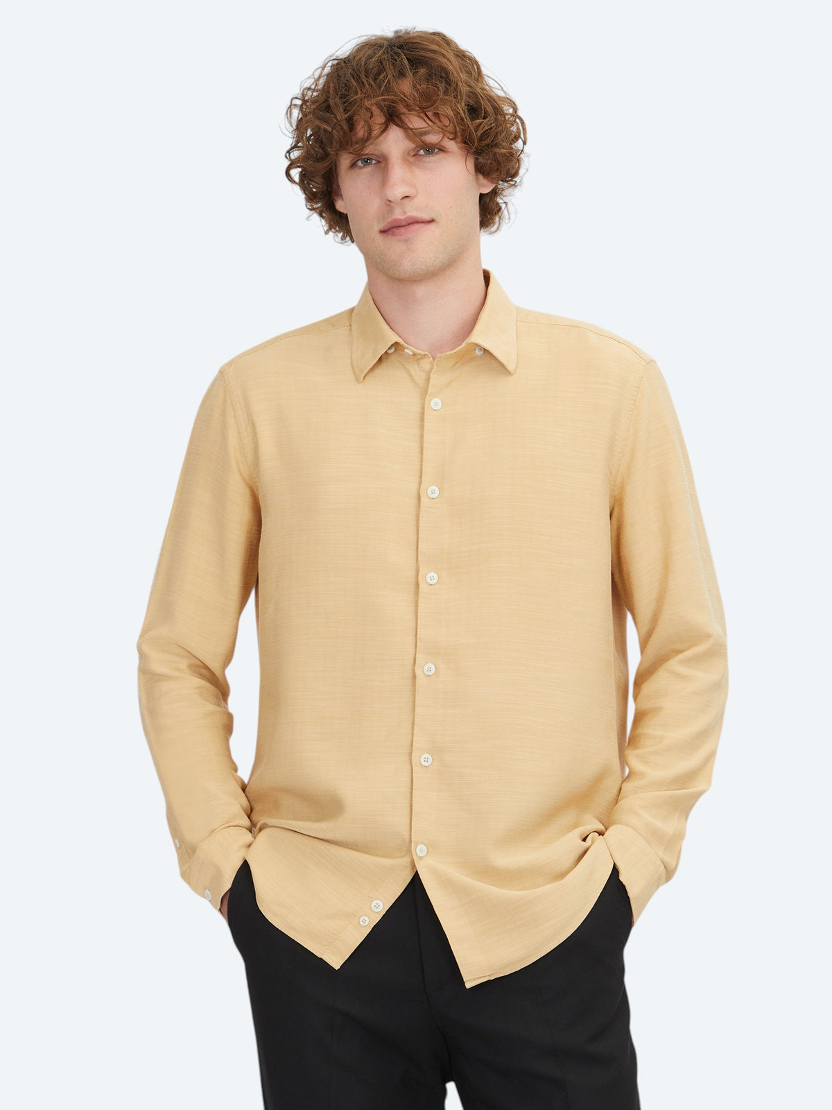 Safran Çizgili Regular Fit Uzun Dokuma Casual Gömlek