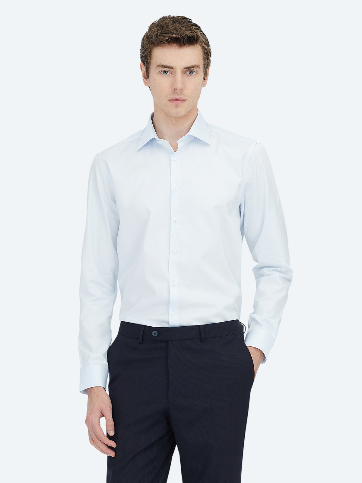 Koyu Mavi Düz Slim Fit Uzun Dokuma Klasik %100 Pamuk Gömlek