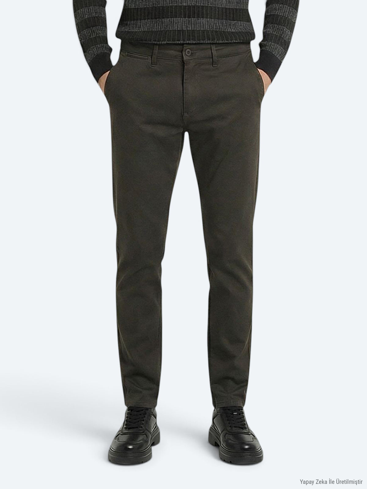 Haki Düz Dokuma Regular Fit Casual Pamuk Karışımlı Pantolon