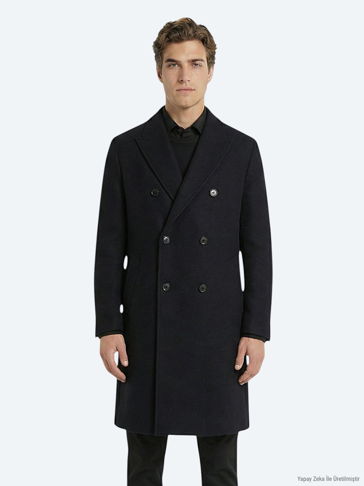 Siyah Regular Fit Kruvaze Yaka Klasik Dokuma Palto