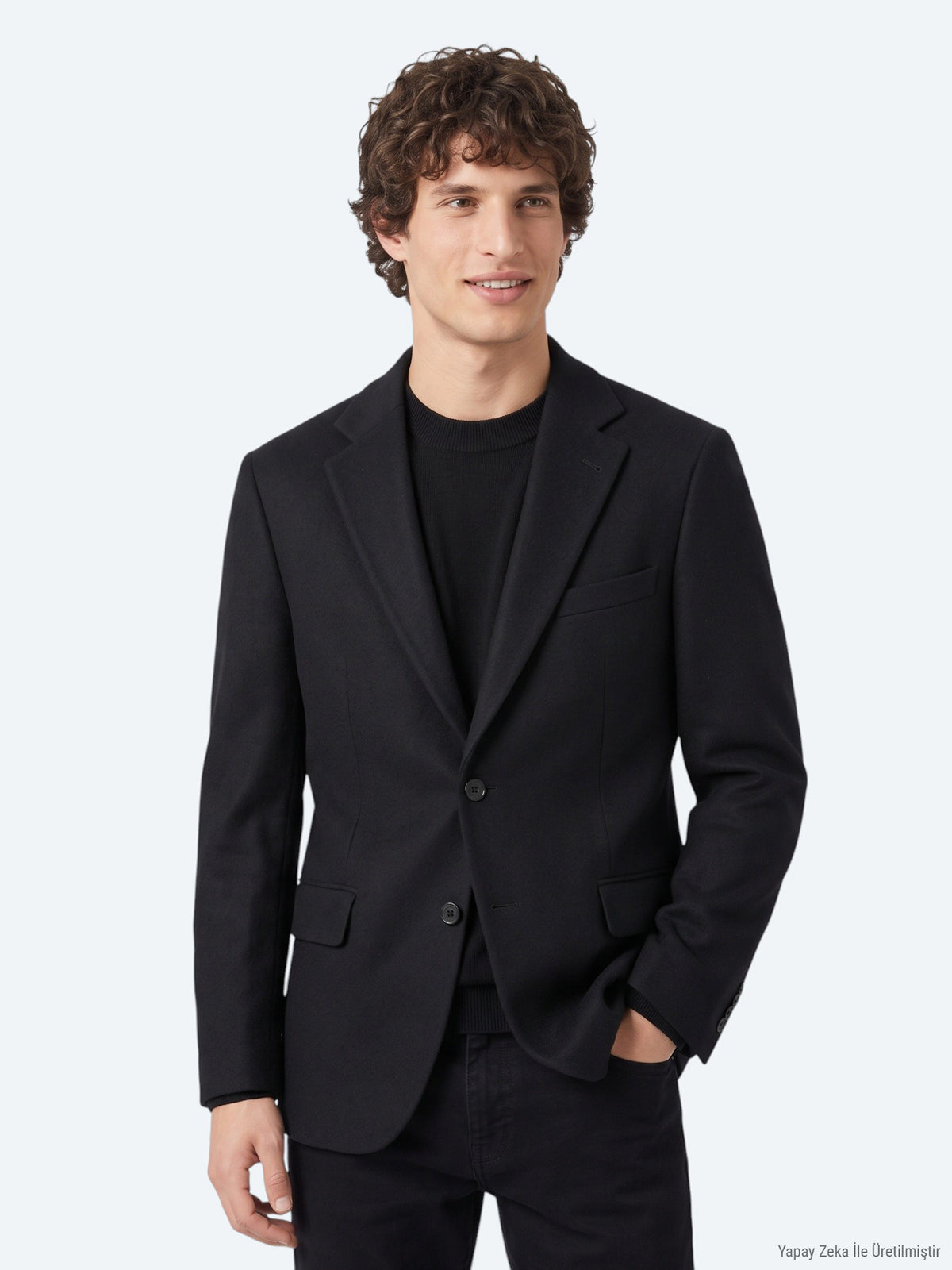 Siyah Düz Modern Fit Yün Karışımlı Ceket