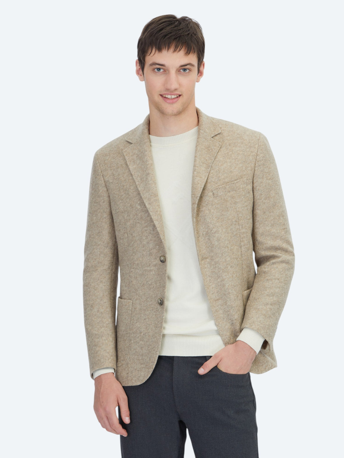 Bej Desenli Modern Fit Yün Karışımlı Örme Ceket