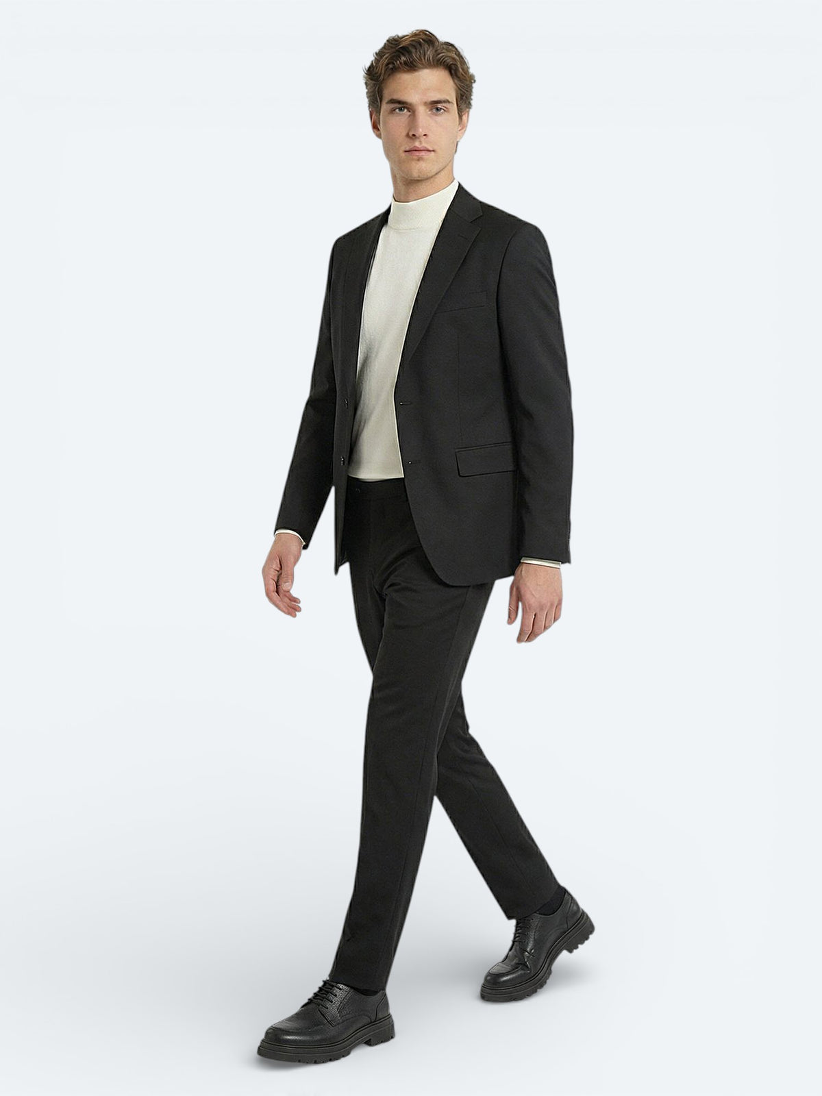 Siyah Düz Modern Fit Yün Karışımlı Takım Elbise