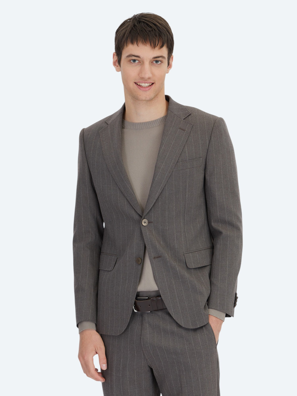 Kahverengi Çizgili Modern Fit Yün Karışımlı Takım Elbise