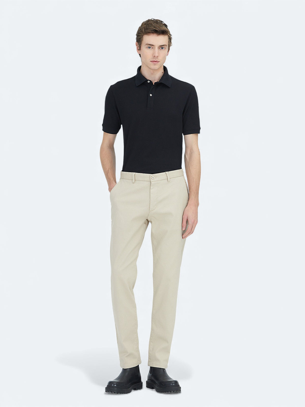 Bej Düz Dokuma Regular Fit Casual Pamuk Karışımlı Pantolon