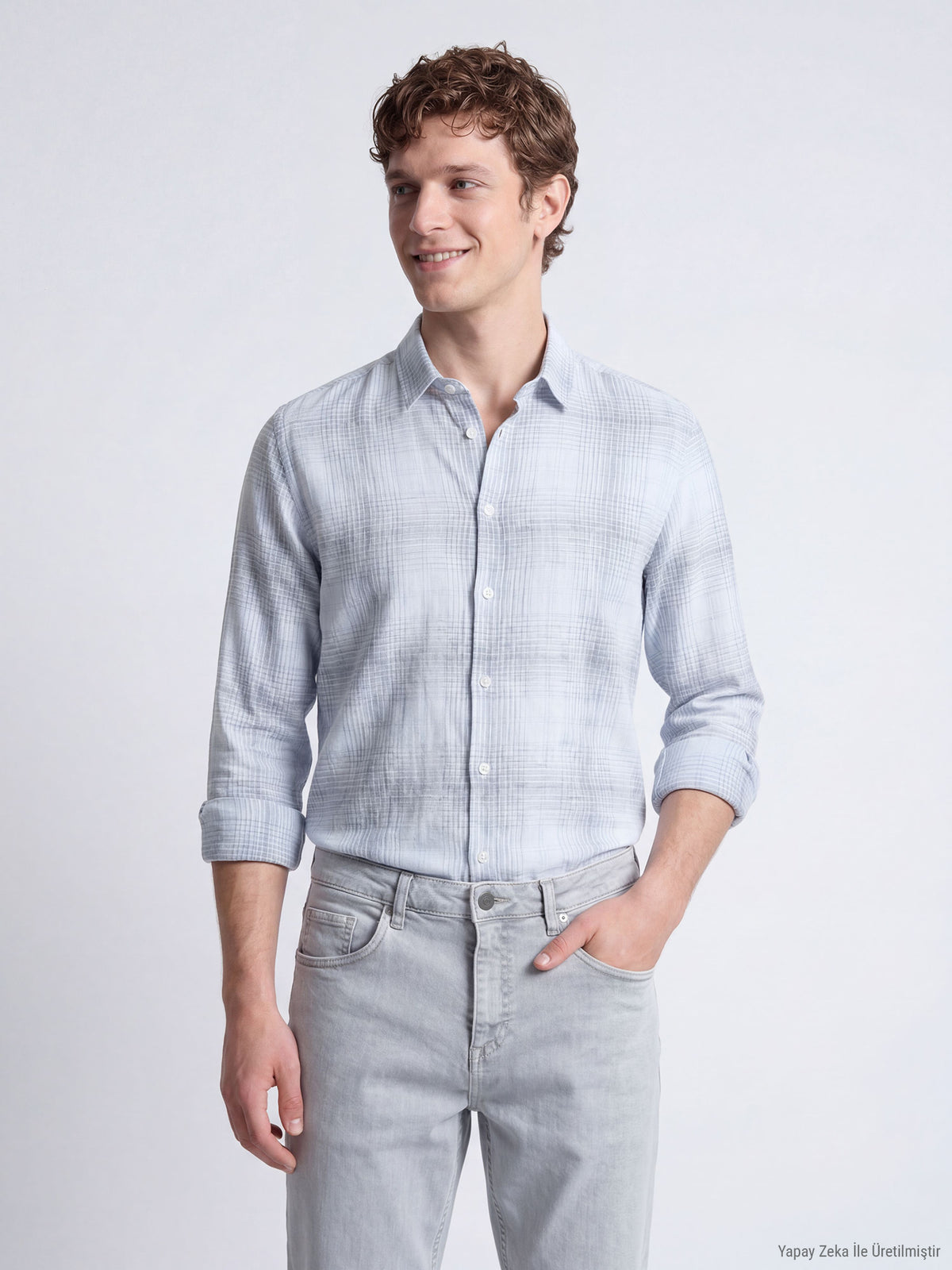 Lacivert Kareli Regular Fit Uzun Dokuma Casual Pamuk Karışımlı Gömlek