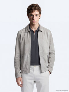 Gri Regular Fit Gömlek Yaka Smart Casual Çift Taraflı Deri Mont