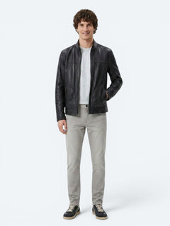Antrasit Regular Fit Dik Yaka Smart Casual Çift Taraflı Deri Mont