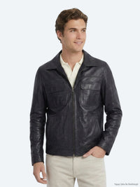 Koyu Lacivert Regular Fit Gömlek Yaka Smart Casual Çift Taraflı Deri Mont