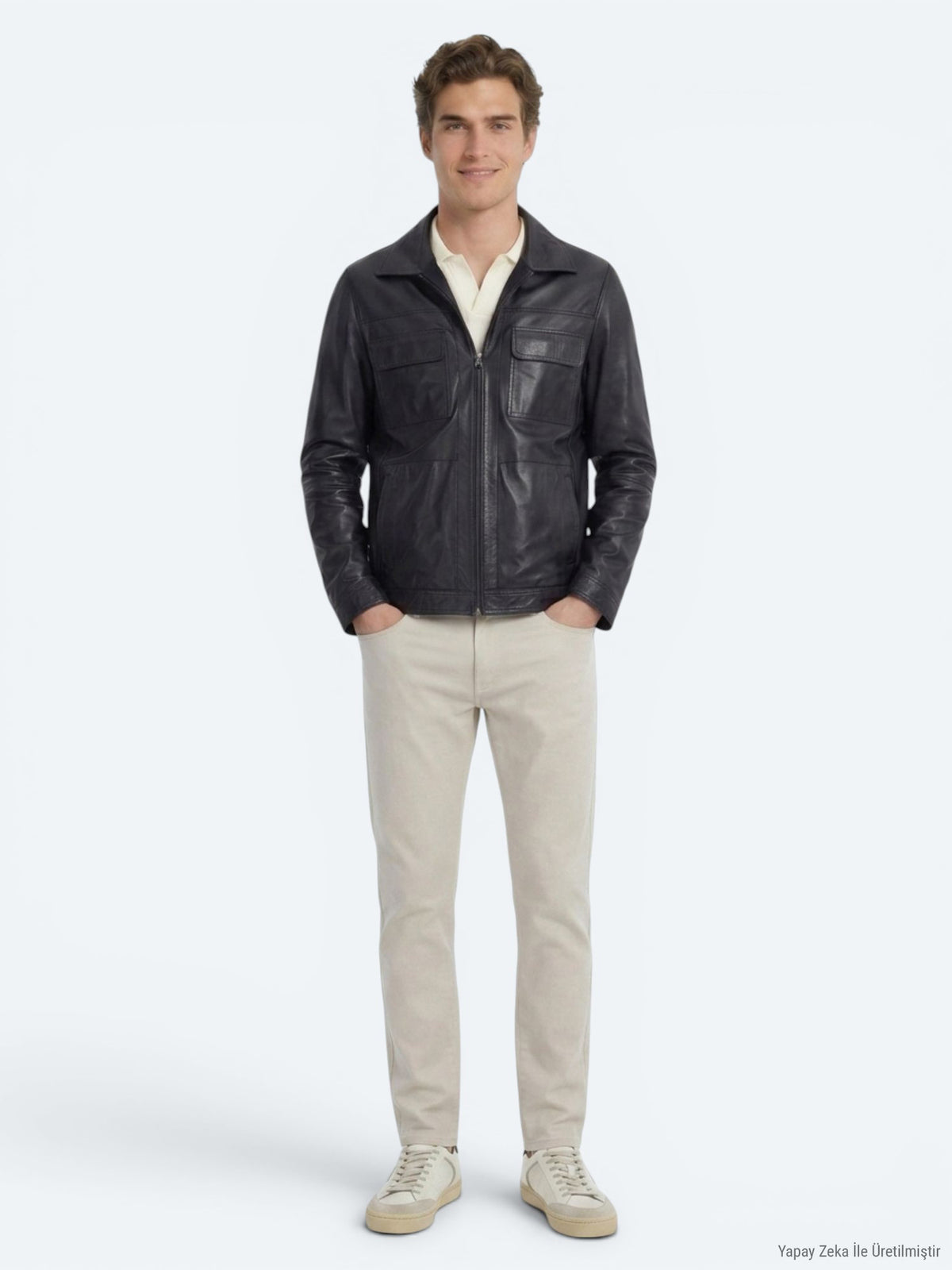 Koyu Lacivert Regular Fit Gömlek Yaka Smart Casual Çift Taraflı Deri Mont