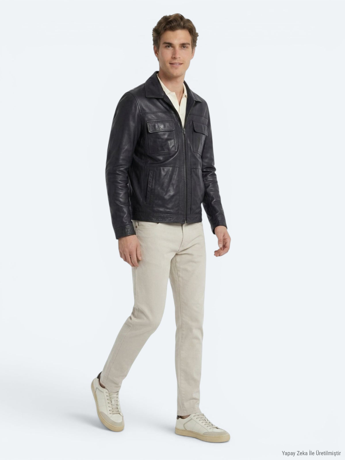 Koyu Lacivert Regular Fit Gömlek Yaka Smart Casual Çift Taraflı Deri Mont
