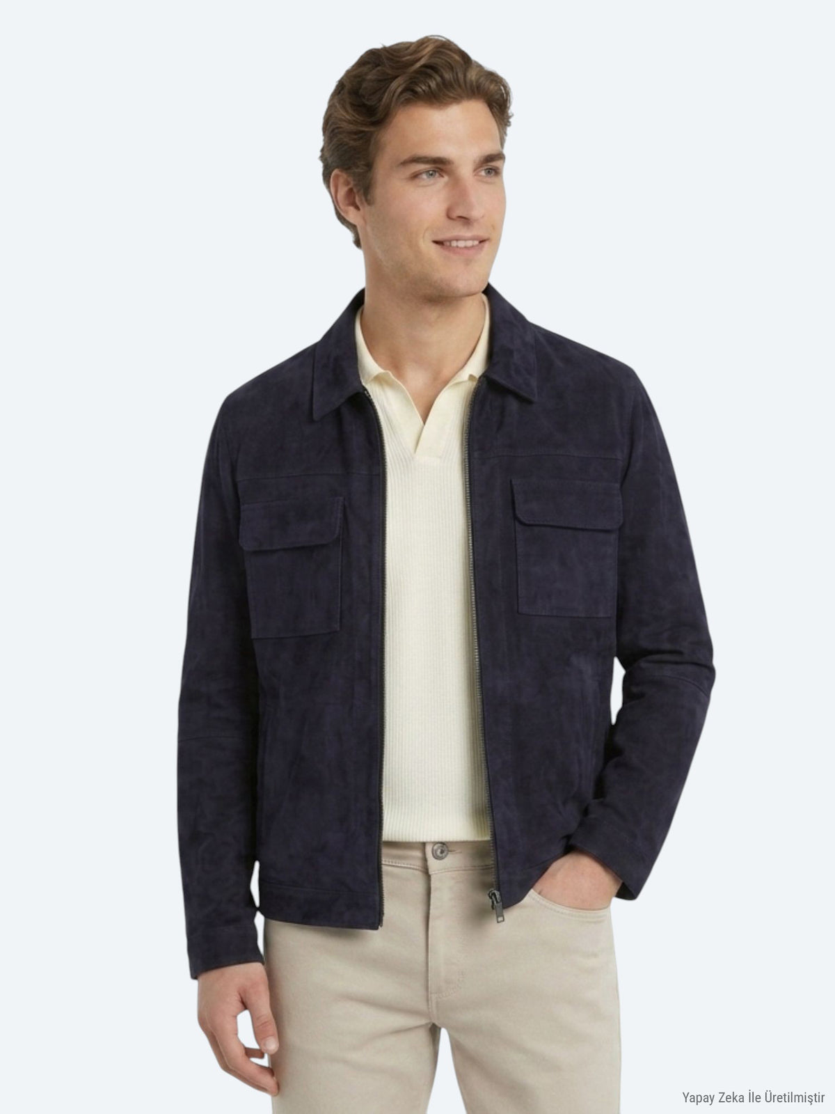 Koyu Lacivert Regular Fit Gömlek Yaka Smart Casual Çift Taraflı Deri Mont