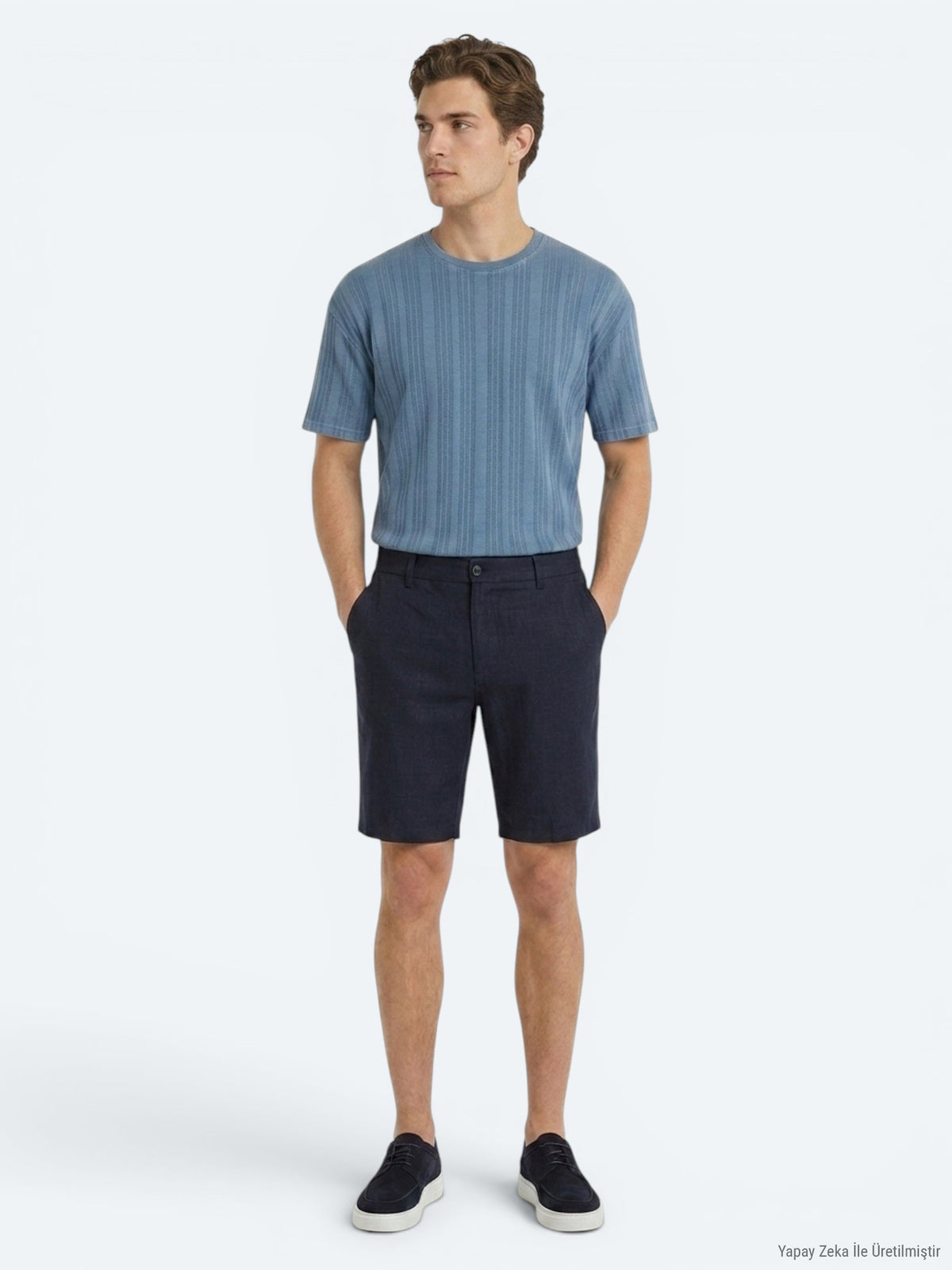 Lacivert Düz Dokuma Jogging Fit Casual Pamuk Karışımlı Bermuda