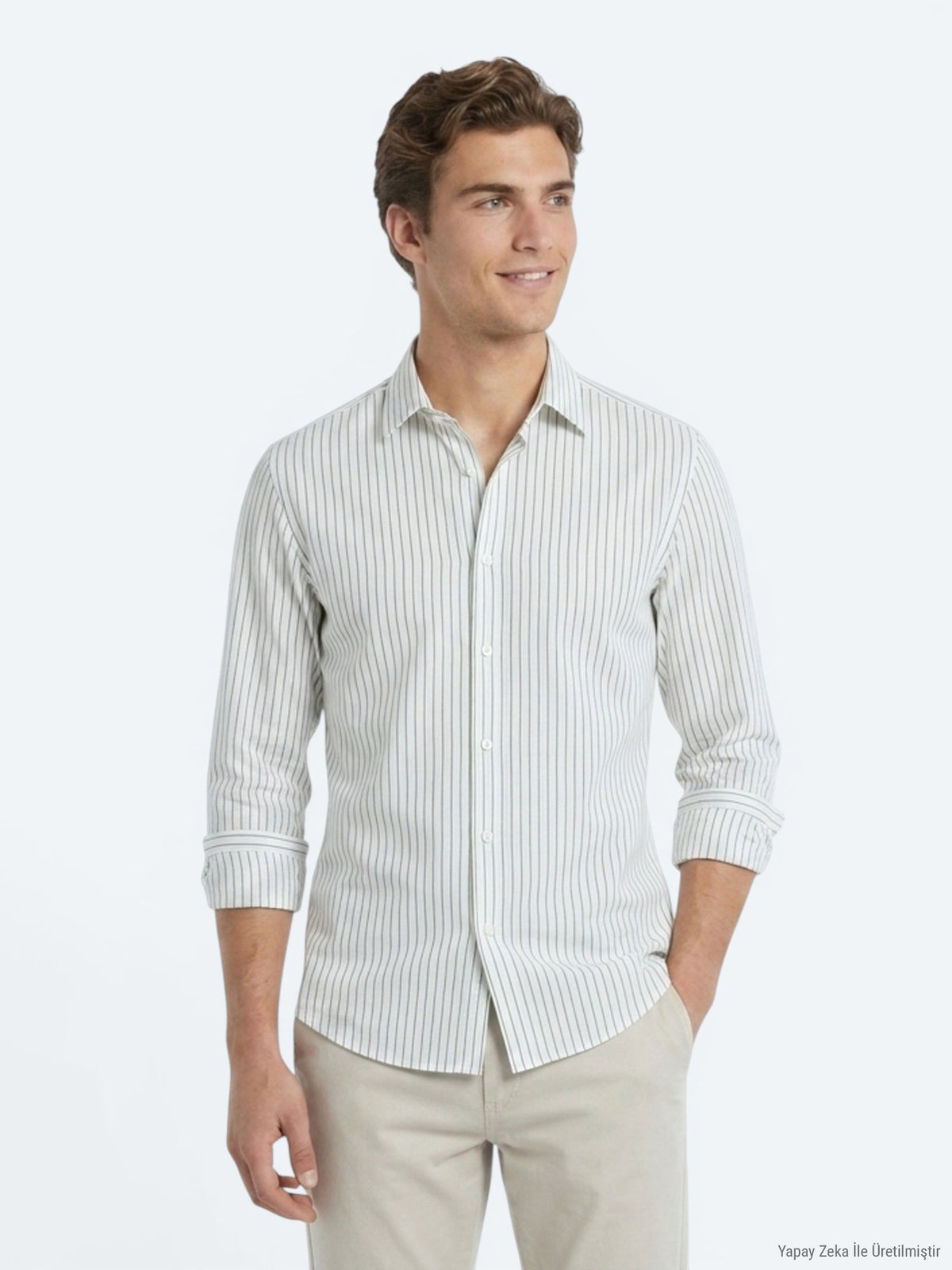 Beyaz Çizgili Regular Fit Uzun Dokuma Casual Gömlek