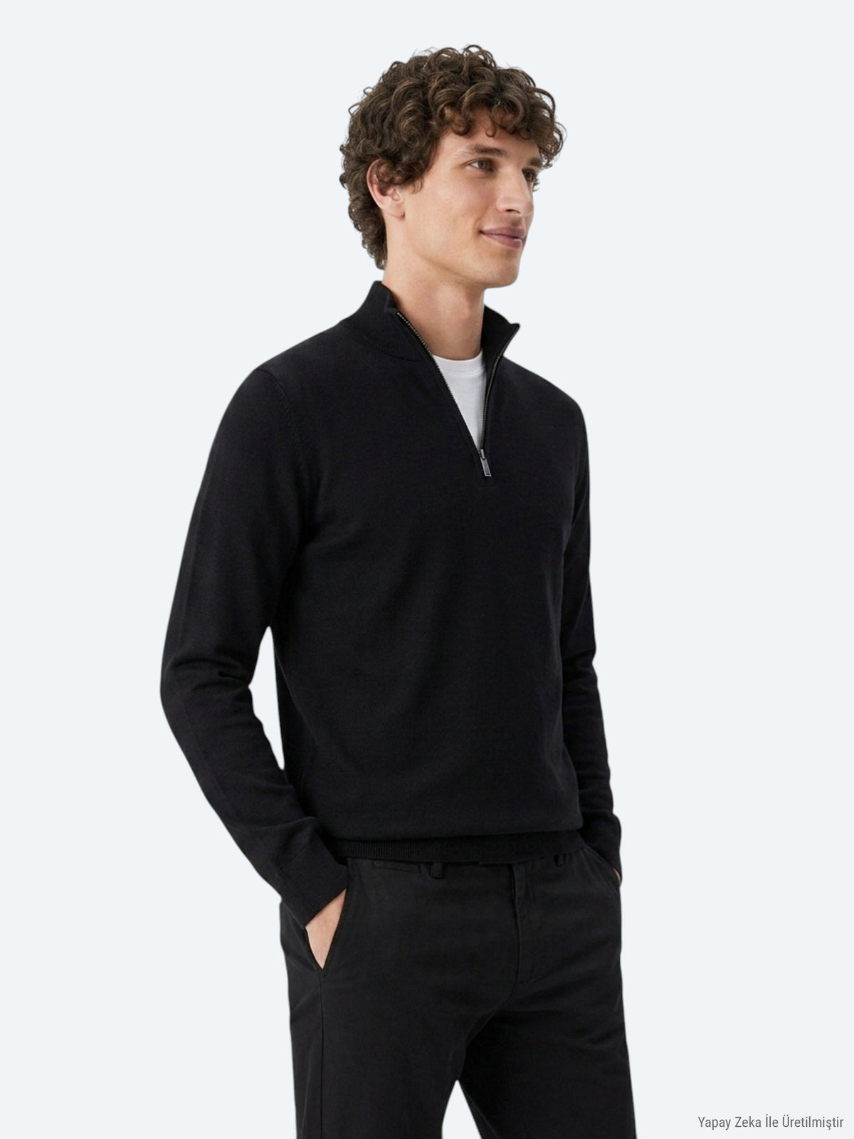 Siyah Dik Yaka Düz Polar Sweatshirt