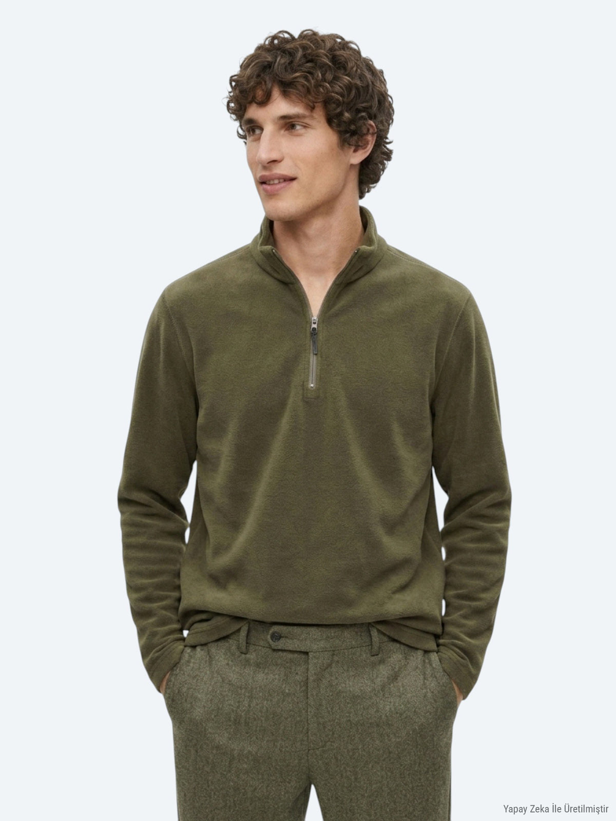 Haki Dik Yaka Düz Polar Sweatshırt