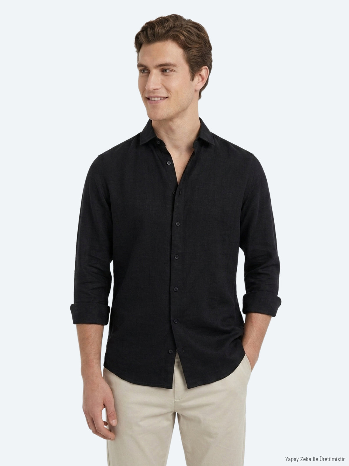 Siyah Düz Regular Fit Uzun Dokuma Casual Pamuk Karışımlı Gömlek