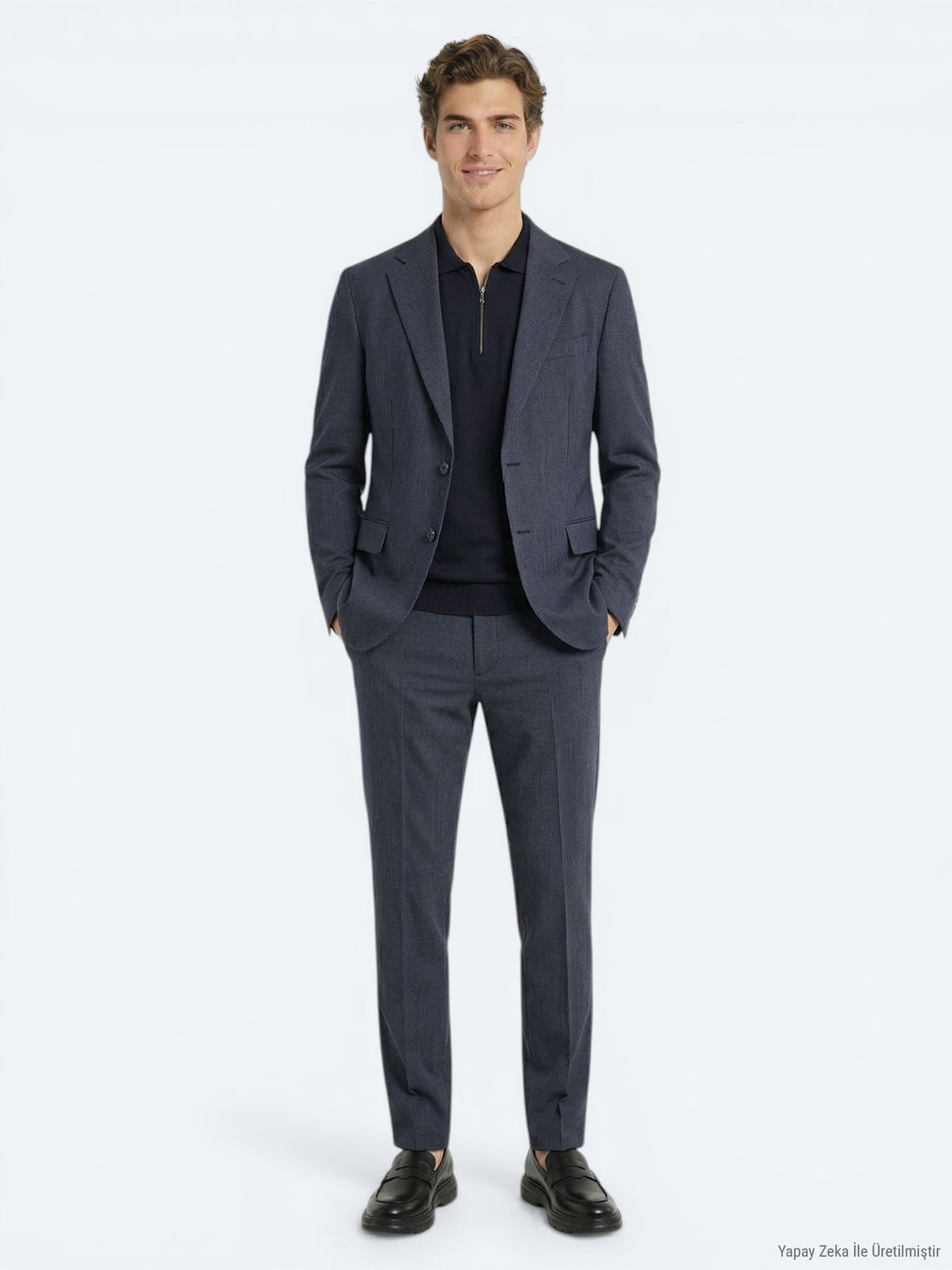 İndigo Çizgili Modern Fit Takım Elbise