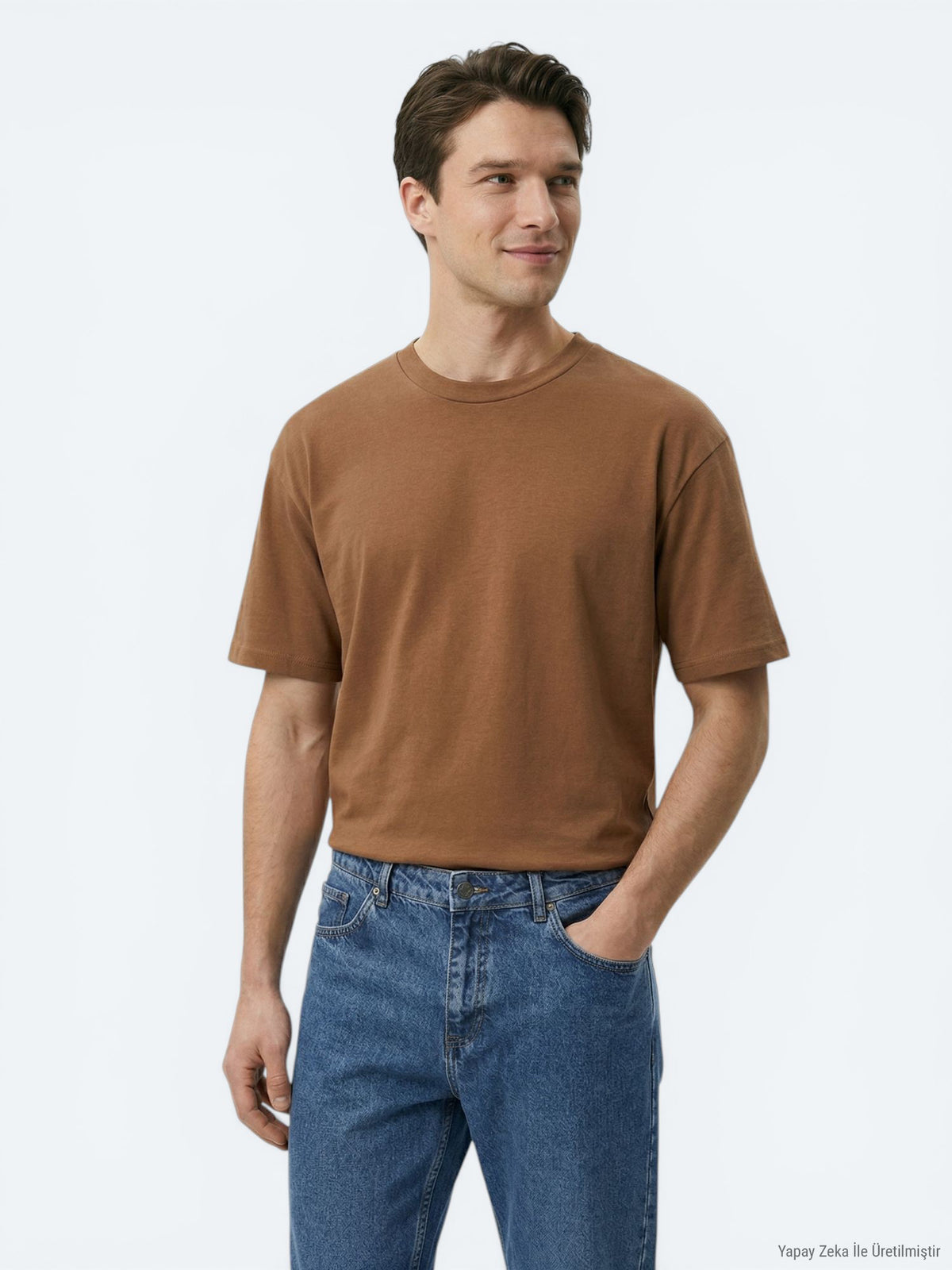 Kahverengi Düz %100 Pamuk T-Shirt
