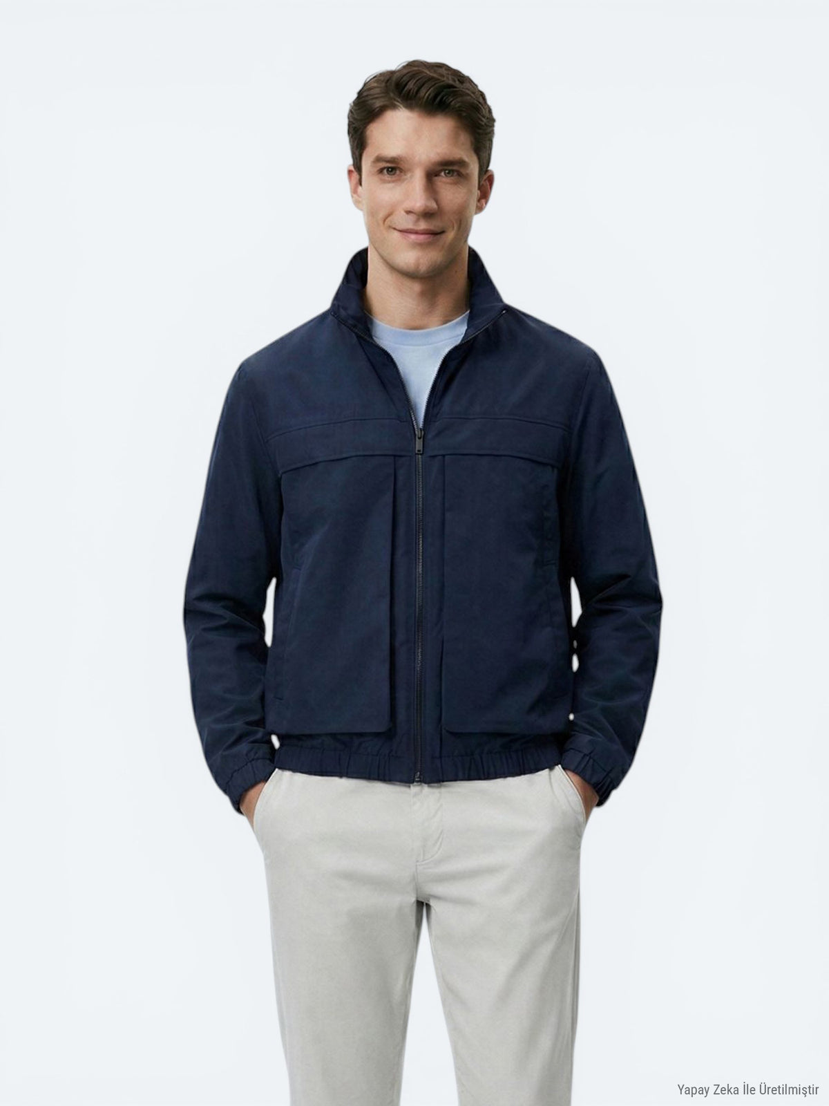 Lacivert Relaxed Fit Dik Yaka Casual Dokuma Mont