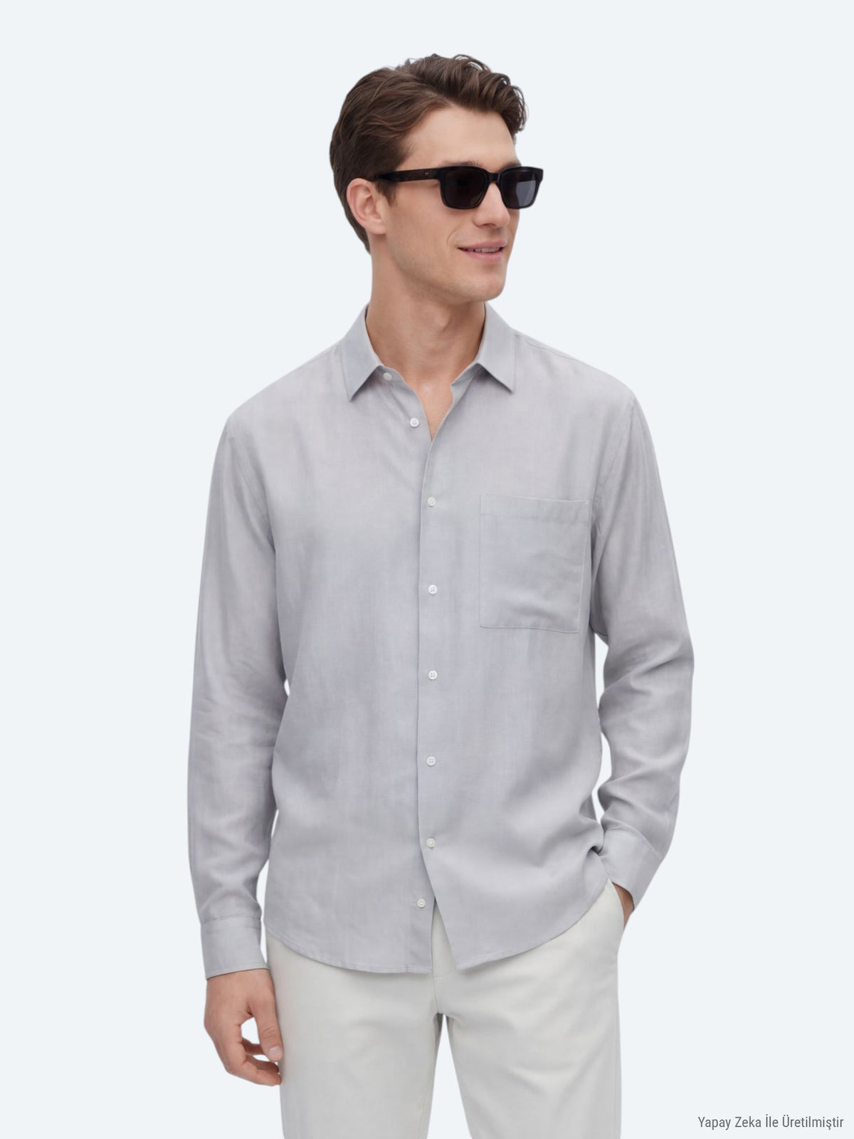 Gri Düz Oversize Fit Uzun Dokuma Casual Gömlek