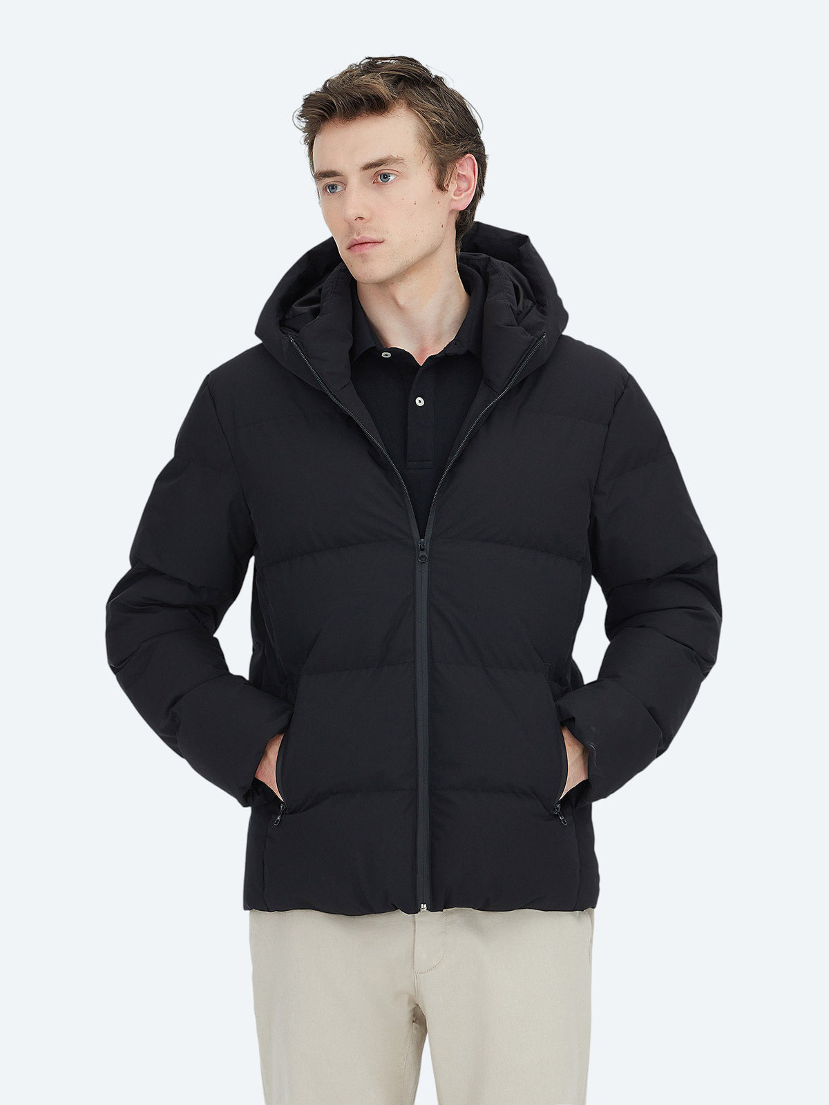 Siyah Regular Fit Kapüşonlu Dokuma Mont