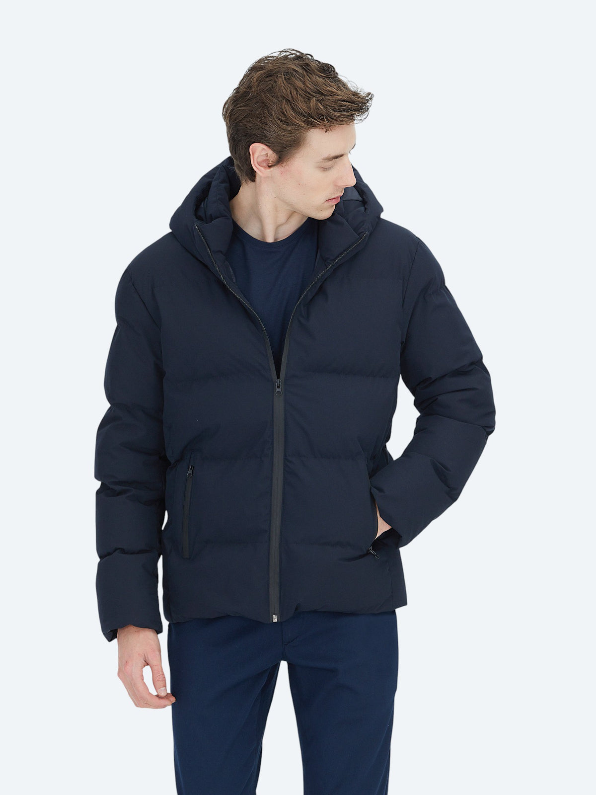 Lacivert Regular Fit Kapüşonlu Dokuma Mont